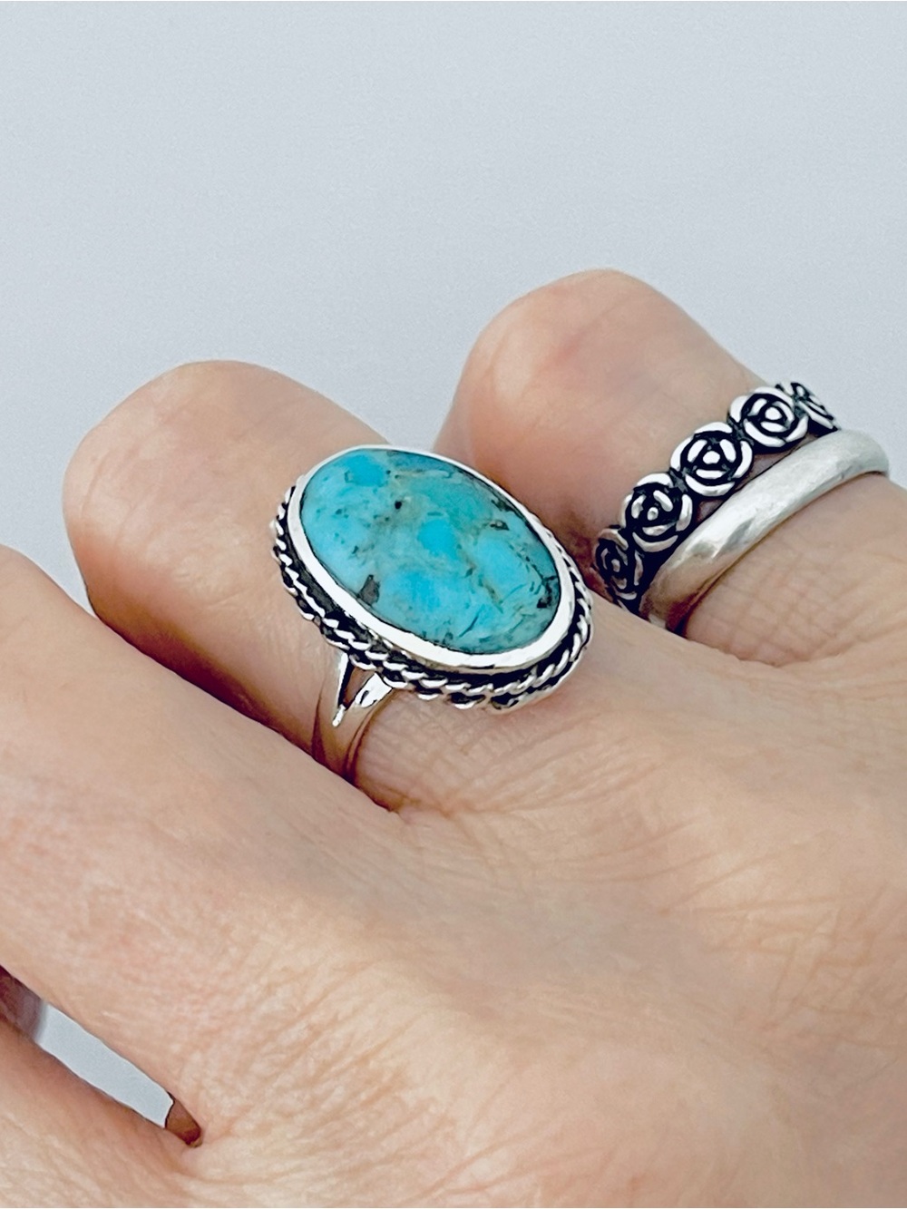 Sterling Silver Statement Oval Genuine Turquoise Ring, Boho Stone Silver Rings,